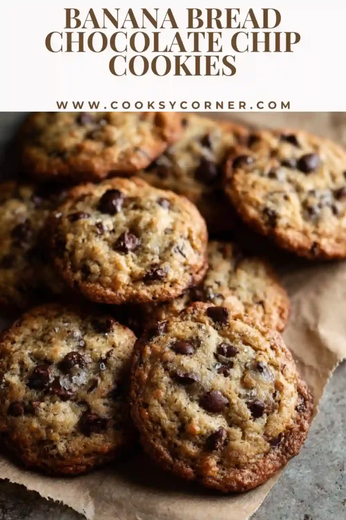 Soft Banana Bread Chocolate Chip Cookies stacked on a cooling rack with visible melted chocolate chips and golden edges. The cookies have a tender center and lightly crisp exterior.