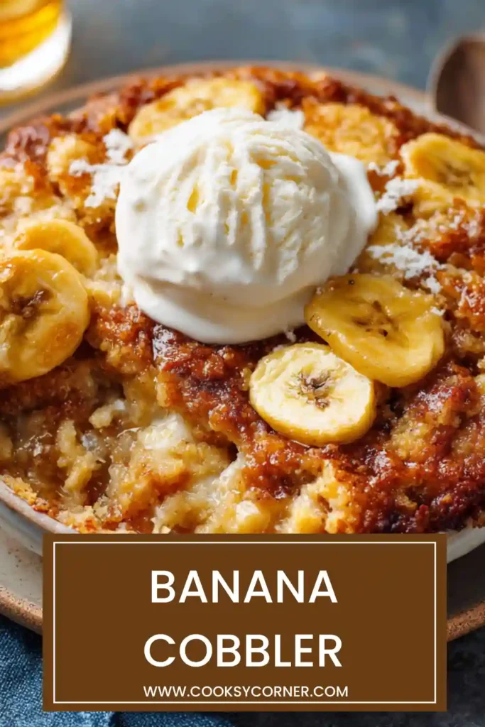 A serving of warm banana cobbler with visible banana slices and crunchy topping.