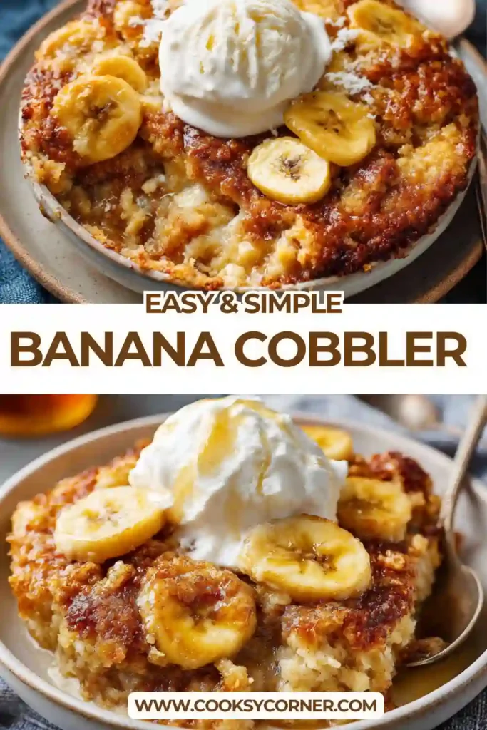 Freshly baked banana cobbler with golden crumb topping in a baking dish.