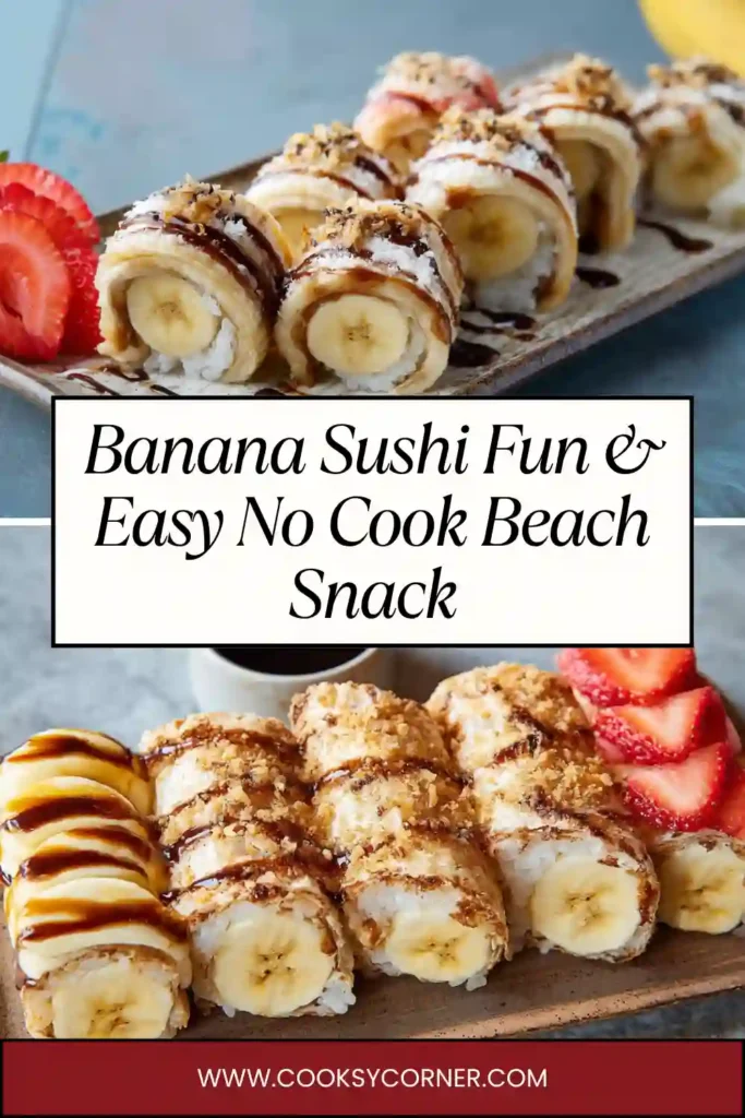 Assorted banana sushi varieties on a serving board, featuring peanut butter, strawberry cream, and chocolate coconut flavors.