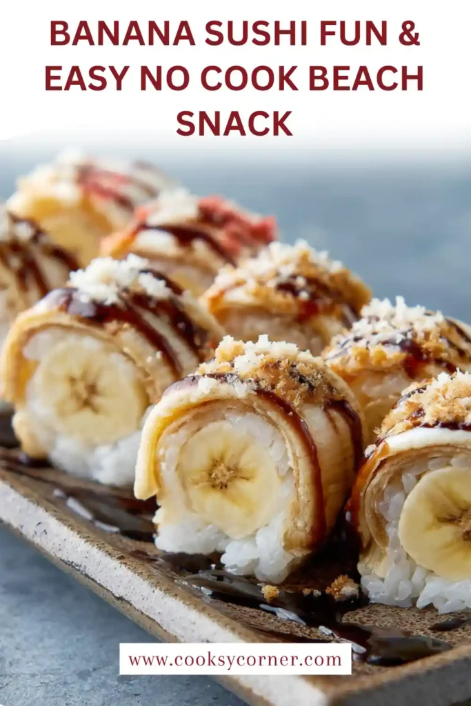 Banana sushi slices topped with peanuts, strawberries, and coconut arranged on a plate for a colorful snack. This healthy banana snack is perfect for kids.