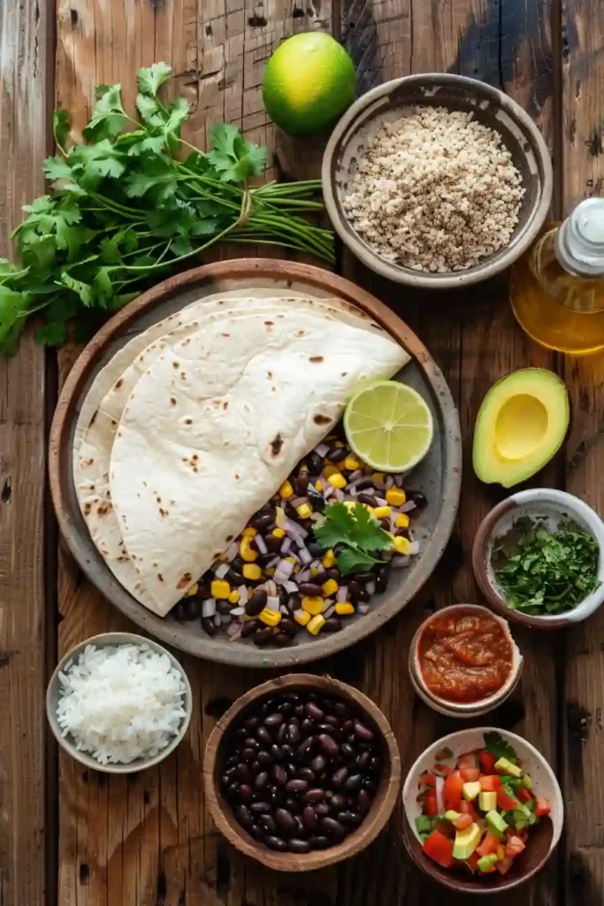 Homemade bean and rice burritos wrapped and served with fresh ingredients and salsa.