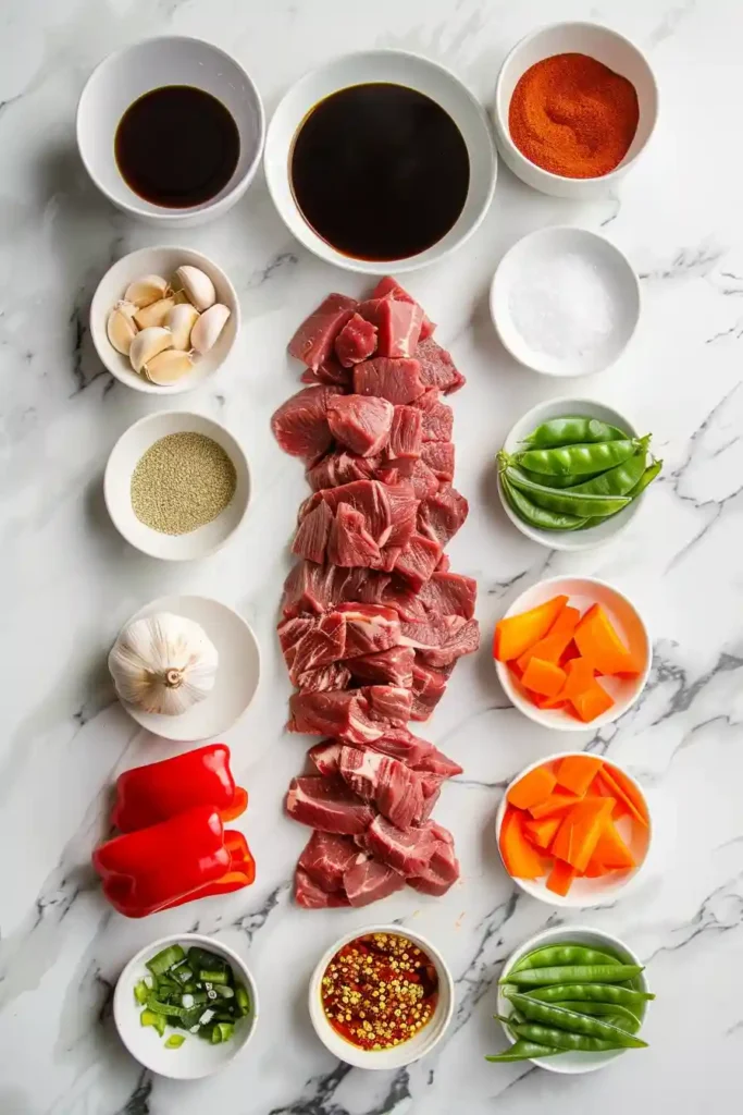 Close-up of tender beef and crisp vegetables coated in stir-fry sauce.