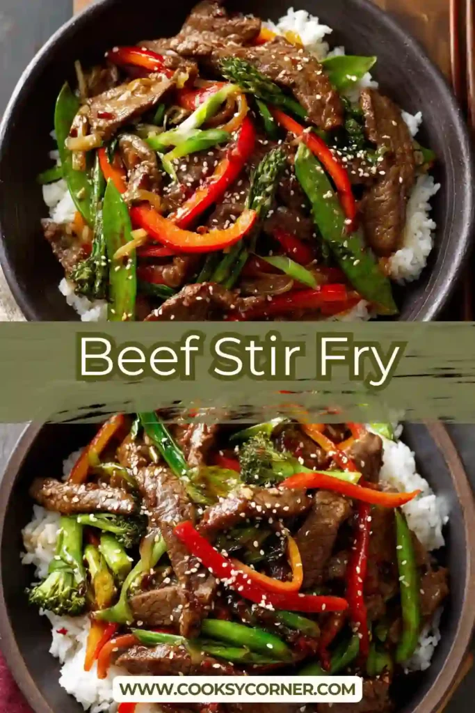 Freshly cooked beef stir fry in a skillet with colorful vegetables and savory sauce.