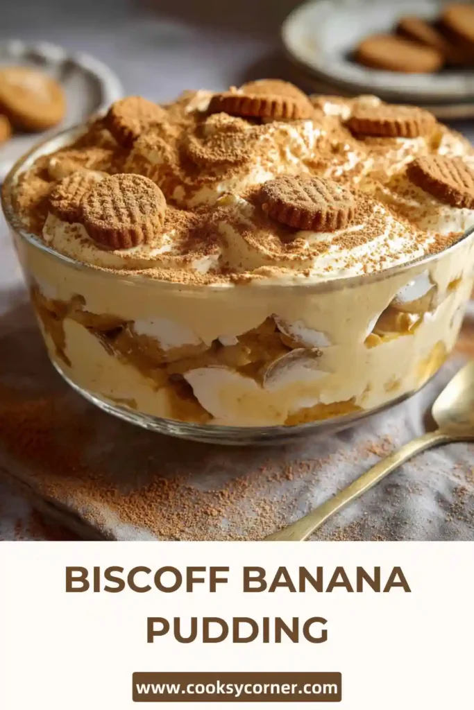 Close-up of Biscoff banana pudding showing layers of bananas, whipped cream, and cookie crumbs.