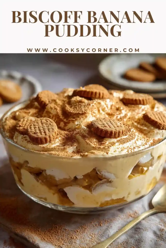 Creamy banana pudding dessert layered with Biscoff spread, vanilla pudding, and crunchy cookies.