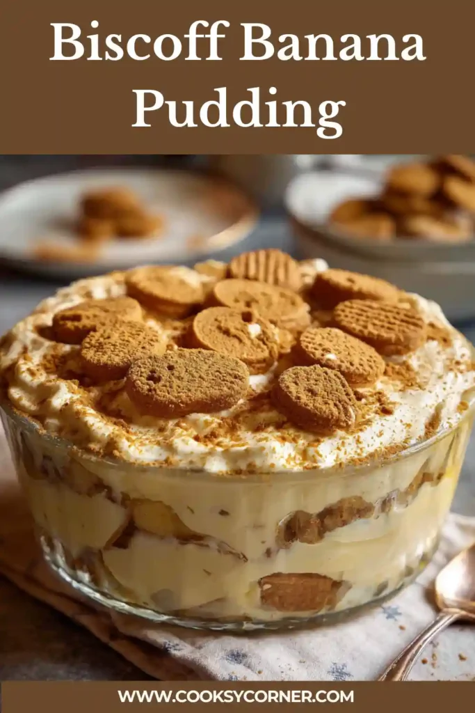 Layered Biscoff banana pudding with whipped cream, sliced bananas, and Lotus Biscoff cookies in a glass dish.