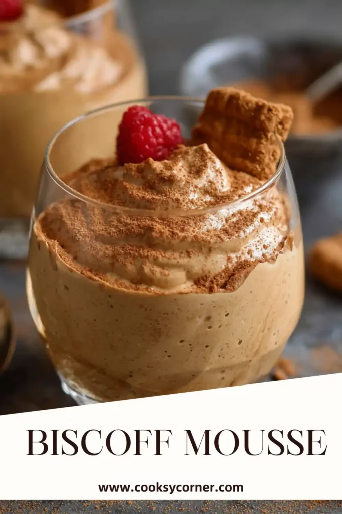 Close-up of fluffy Biscoff mousse layered with smooth melted spread on top.