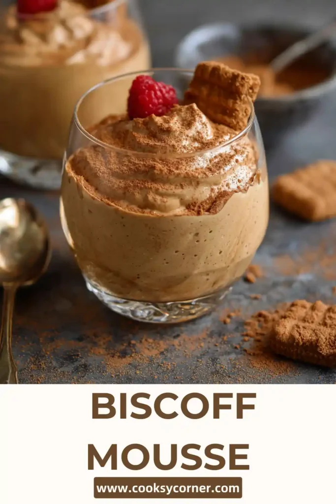 Three Ingredient Biscoff Mousse in glass cups topped with melted Biscoff spread and biscuit crumbs.