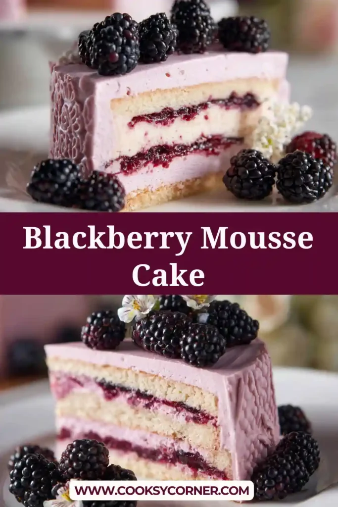 Slice of blackberry mousse cake with fresh blackberry topping.