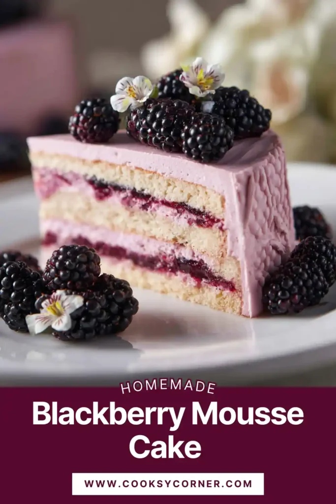 Elegant blackberry layer cake with mousse filling and buttercream frosting.