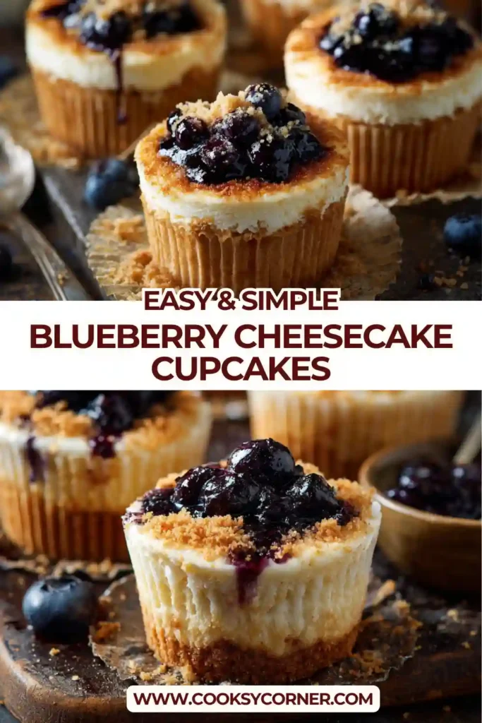 Close-up of cupcakes filled with blueberry compote and topped with crumble and frosting.