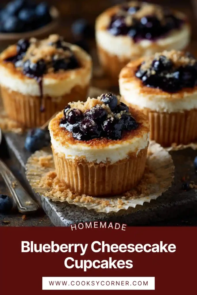 Blueberry Cheesecake Cupcakes with cream cheese frosting and blueberry topping on a tray.