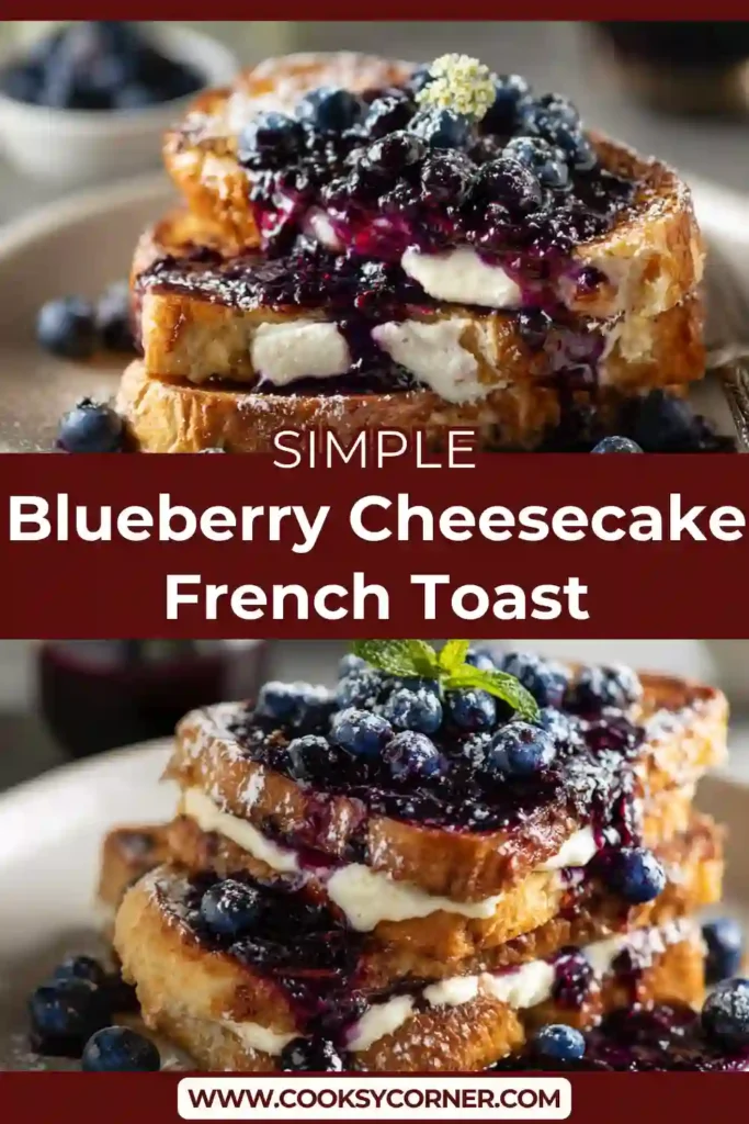 Golden French toast slices with cheesecake cream and fresh blueberries.