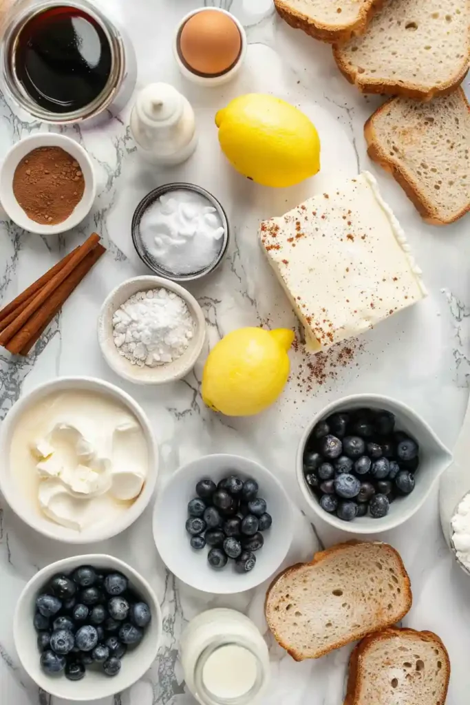 Brunch plate with blueberry cheesecake French toast and syrup drizzle.