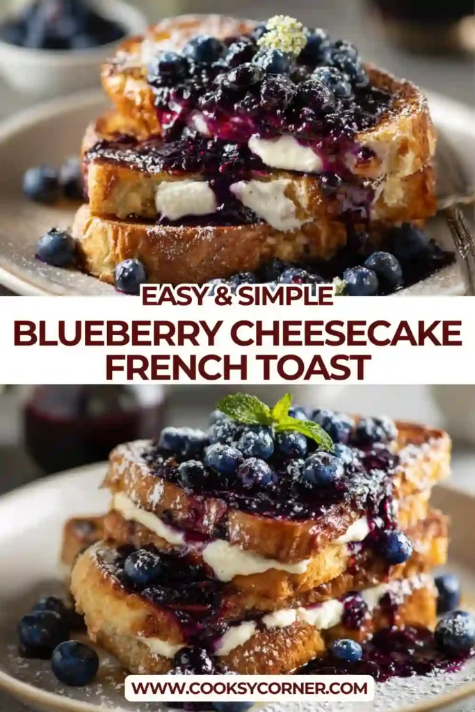 Blueberry cheesecake French toast topped with creamy filling and homemade blueberry jam.