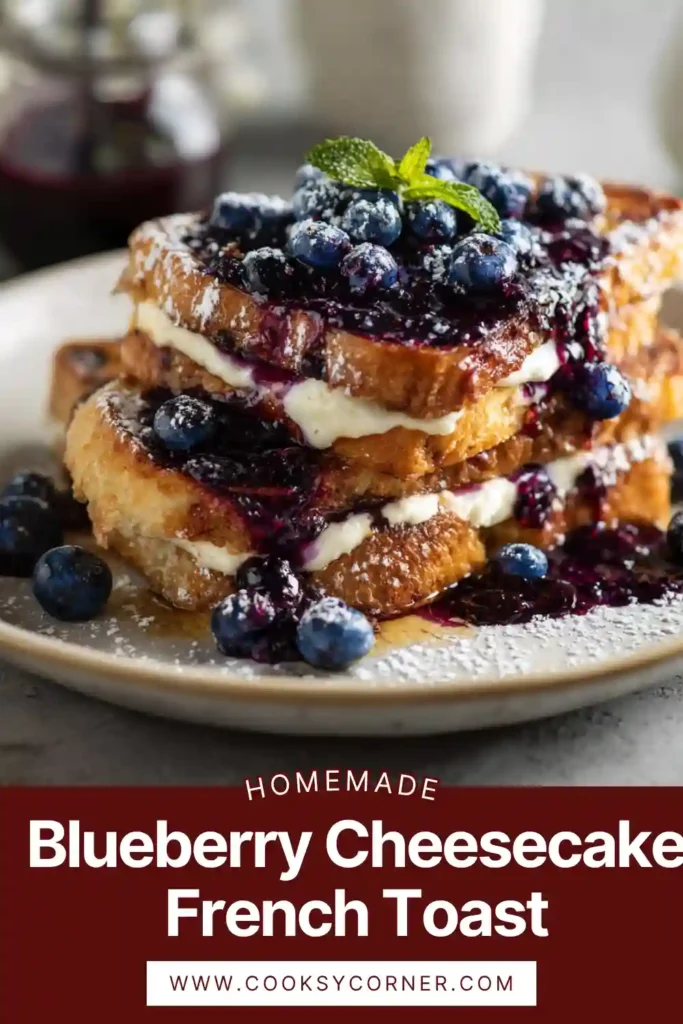 Close-up of French toast with blueberry topping and cream cheese filling.