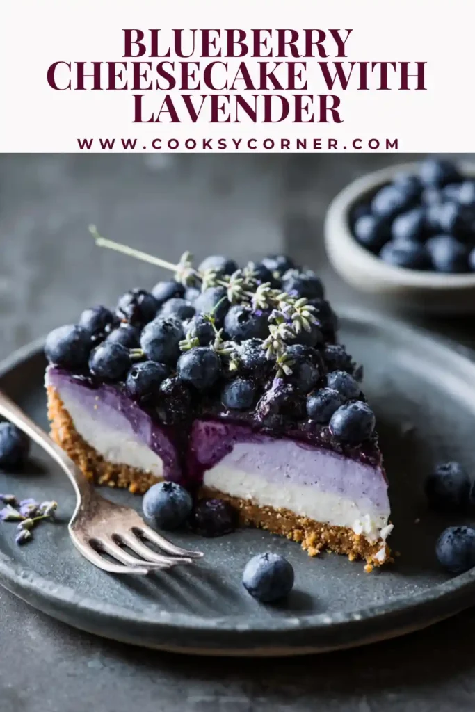 Homemade no-bake blueberry cheesecake with lavender topping.