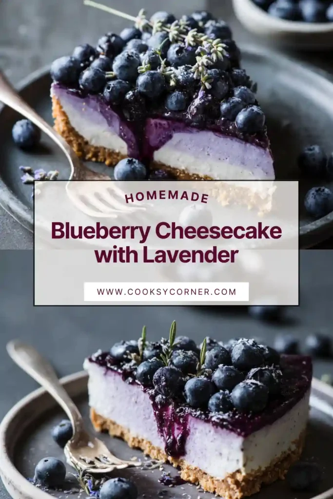 Creamy blueberry lavender cheesecake with fresh berries and floral garnish.
