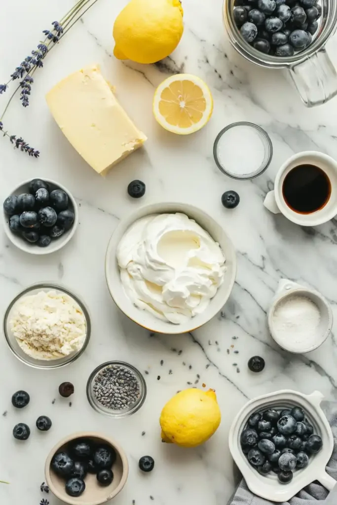 Elegant blueberry lavender cheesecake slice with creamy filling.
