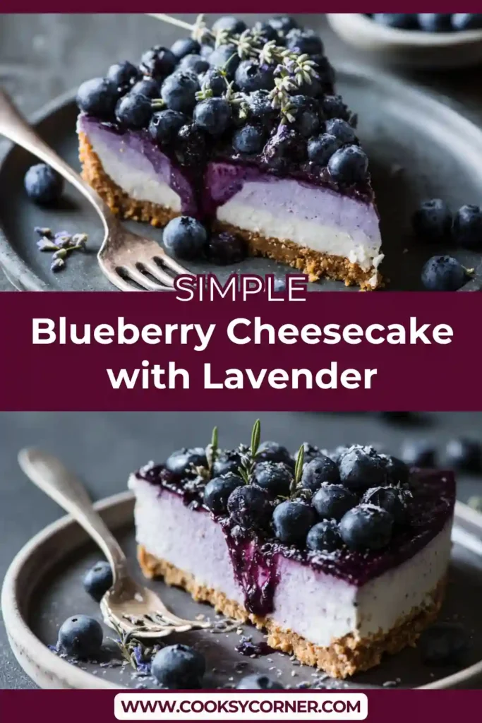 No-bake blueberry cheesecake topped with lavender infused blueberry sauce.