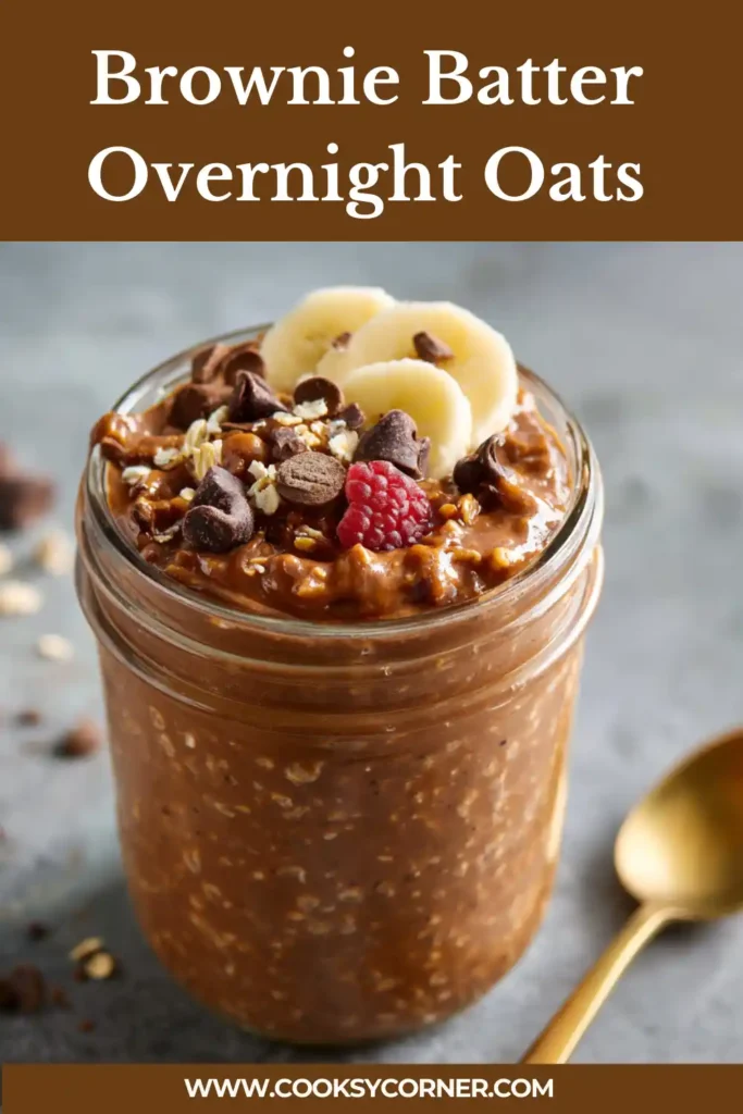 Close-up of brownie batter overnight oats with peanut butter drizzle and dark chocolate chips.