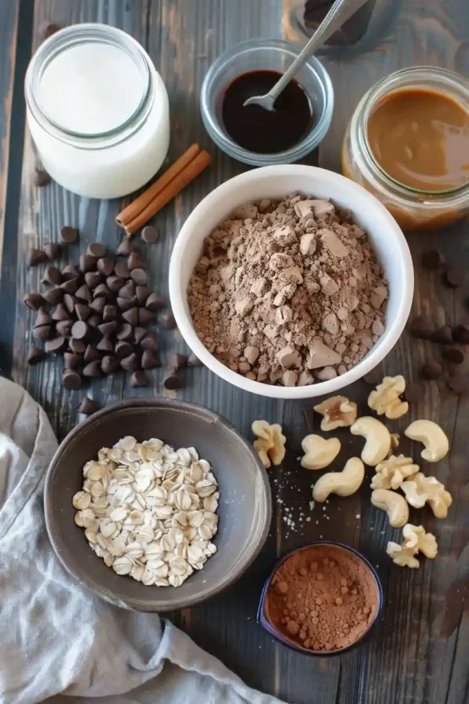 Healthy brownie batter overnight oats served in a jar with walnuts and chocolate topping.