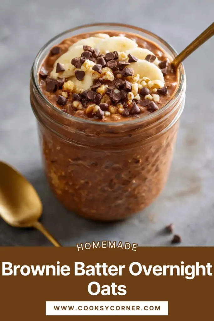 Chocolate overnight oats with cocoa powder and almond milk topped with chopped walnuts and chocolate chips.