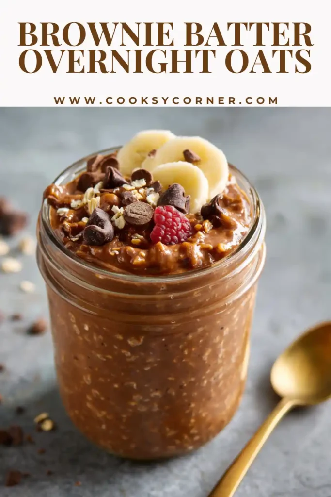 Brownie batter overnight oats topped with chocolate chips, walnuts, and peanut butter in a jar. The oats have a rich chocolate color and creamy texture.