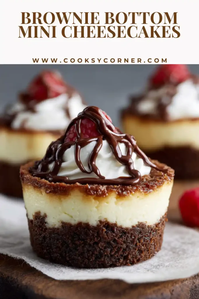 Bite-sized brownie cheesecake cups with chocolate drizzle.