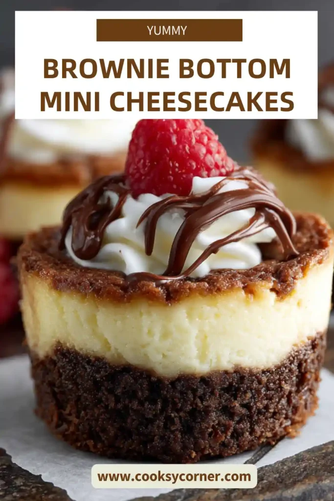 Brownie bottom mini cheesecakes topped with whipped cream and berries.