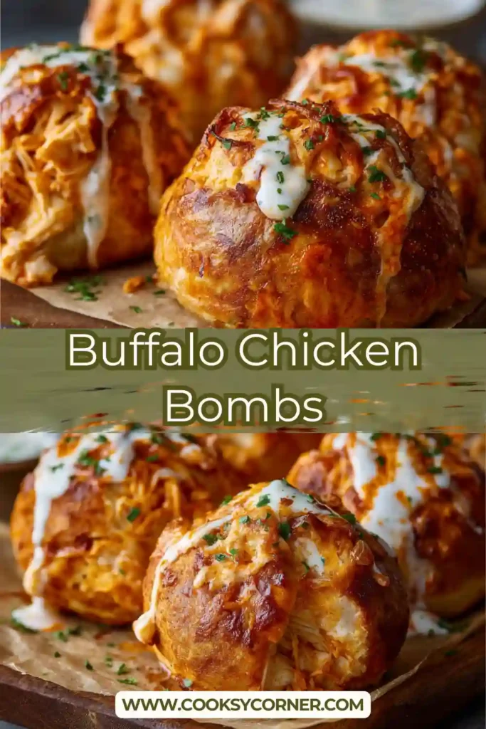 Close-up of cheesy buffalo chicken bombs showing shredded chicken filling inside soft biscuit dough.