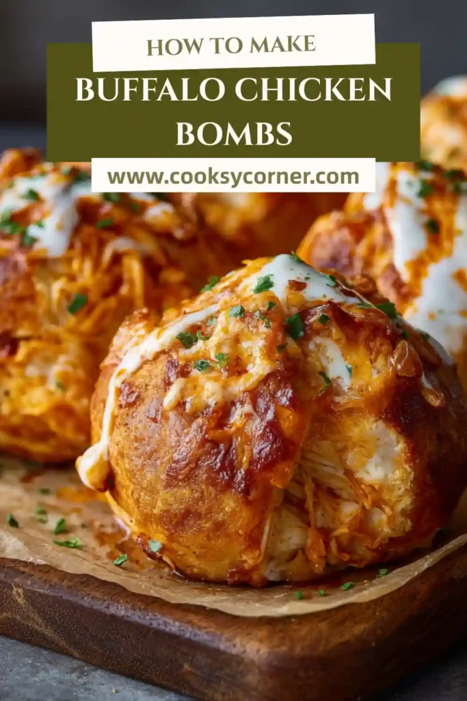 Homemade buffalo chicken biscuit bombs baked until crispy and topped with buffalo sauce and green onions.