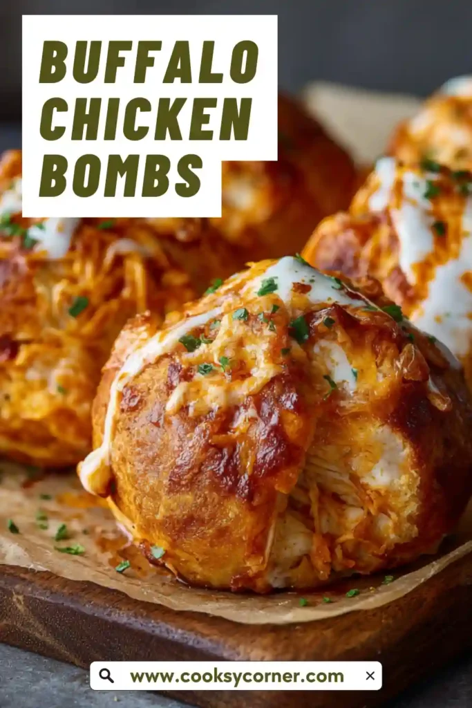 Golden baked buffalo chicken bombs stuffed with creamy buffalo chicken and melted cheese served with ranch dipping sauce.