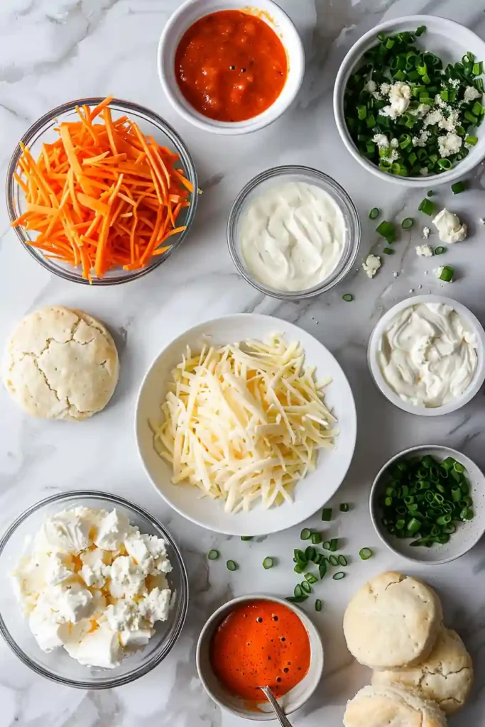 Skillet of freshly baked buffalo chicken bombs garnished with green onions and served with dipping sauce.