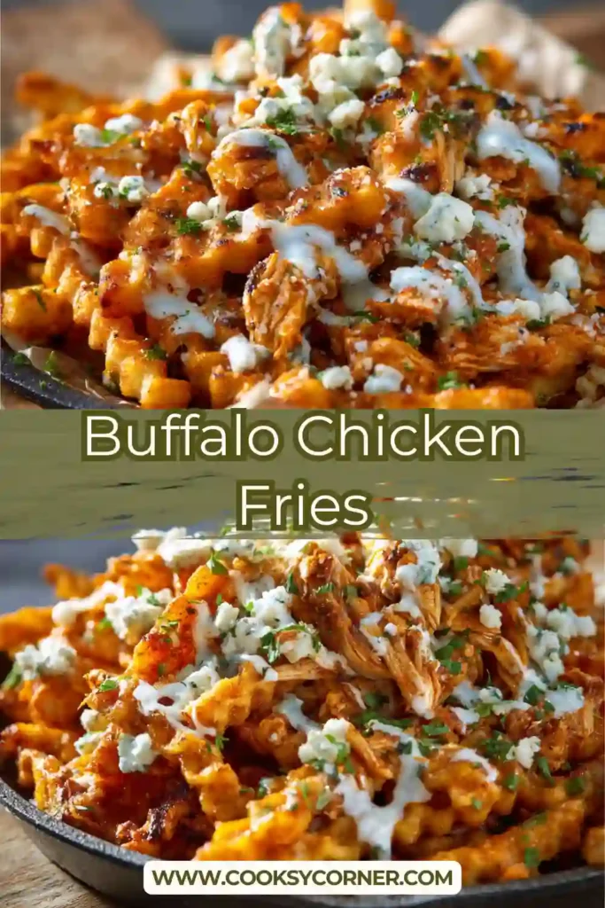 Close-up of cheesy buffalo chicken fries garnished with chives.