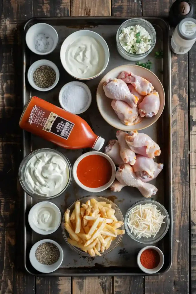 Game day buffalo chicken loaded fries served on a platter.