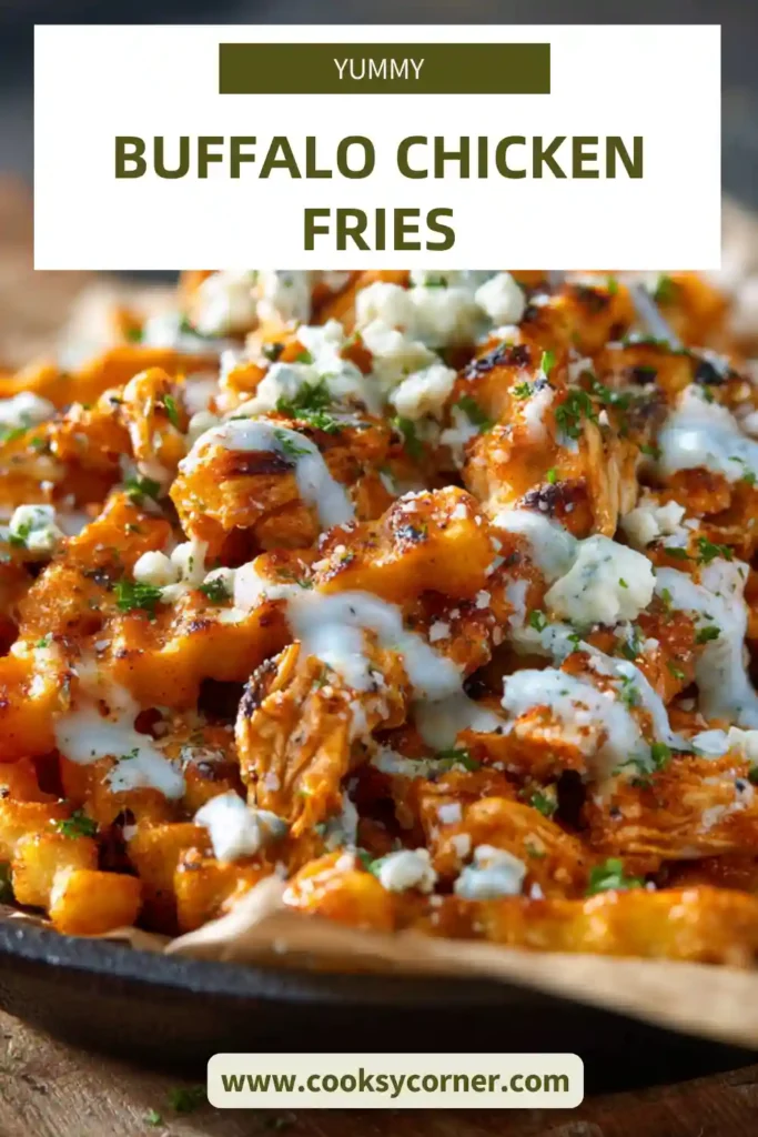 Loaded buffalo chicken fries topped with melted cheese and blue cheese sauce drizzle.