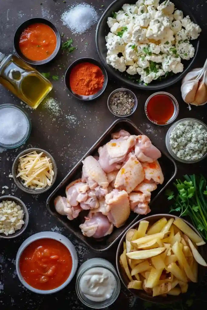 Spicy chicken fries with melted cheese and garnish served hot.