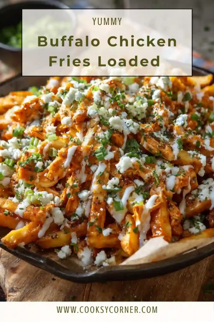 Buffalo chicken fries topped with spicy chicken, melted cheese, and blue cheese sauce on crispy fries.