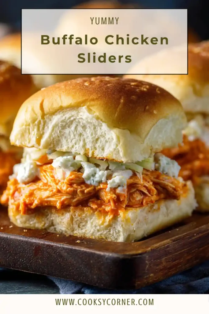 Close-up of spicy buffalo chicken sliders with ranch drizzle and soft Hawaiian rolls.