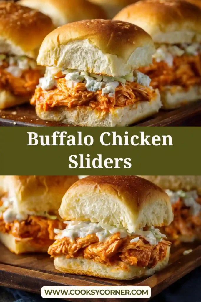 Buffalo Chicken Sliders with melted provolone cheese and sesame seed tops served warm on a tray.