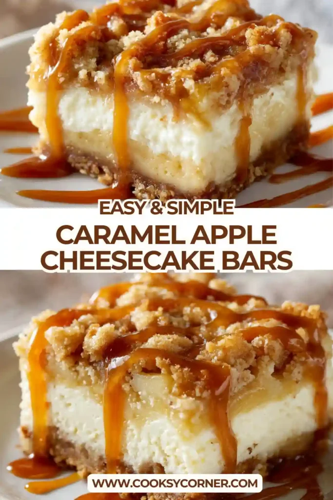 Homemade caramel apple cheesecake bars with cinnamon apples and buttery oat topping.