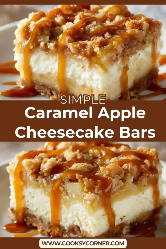 Caramel apple cheesecake bars topped with streusel crumble and caramel drizzle on a dessert plate.