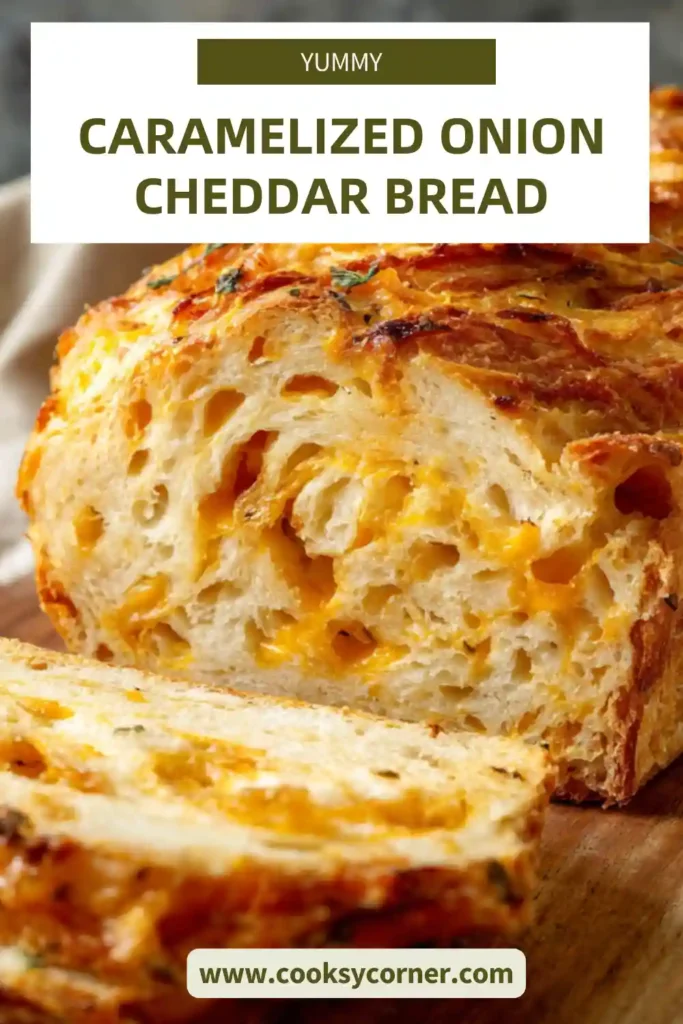 Freshly baked caramelized onion cheddar bread sliced on a wooden board showing soft fluffy crumb and melted cheddar pockets. The golden braided loaf highlights rich caramelized onions throughout the savory homemade bread.