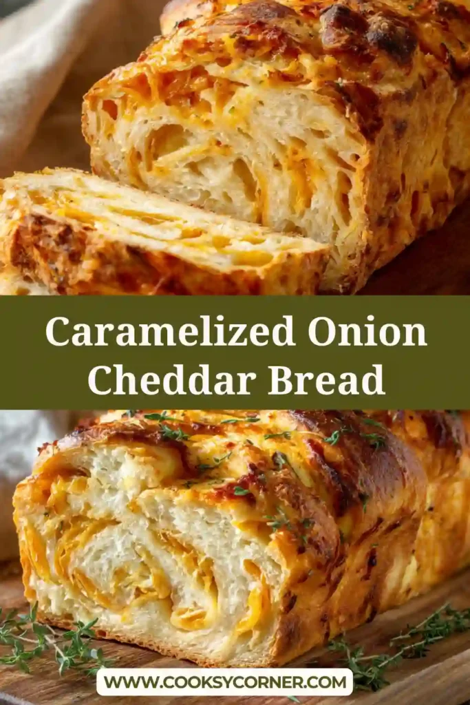 Close up of caramelized onion cheddar bread loaf with deep golden crust and visible melted cheese layers. The homemade savory bread features sweet caramelized onions and aromatic herbs.