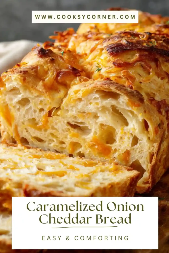 Rustic braided caramelized onion cheddar bread cooling on a rack with melted cheese and sweet onions visible in each slice. This savory cheese bread has a fluffy interior and rich bakery-style crust.