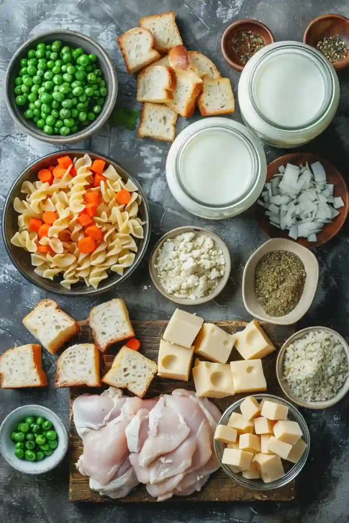 Homemade Cheap Chicken Noodle Casserole plated and ready to serve with creamy texture and crispy topping.