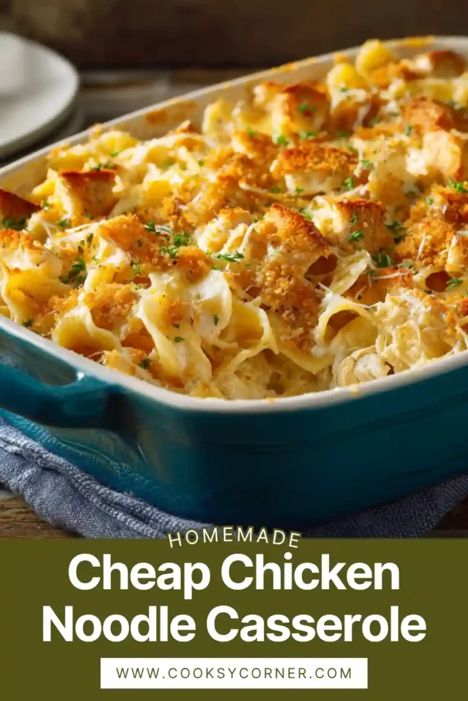 Creamy chicken noodle casserole with vegetables and golden crispy topping fresh out of the oven.