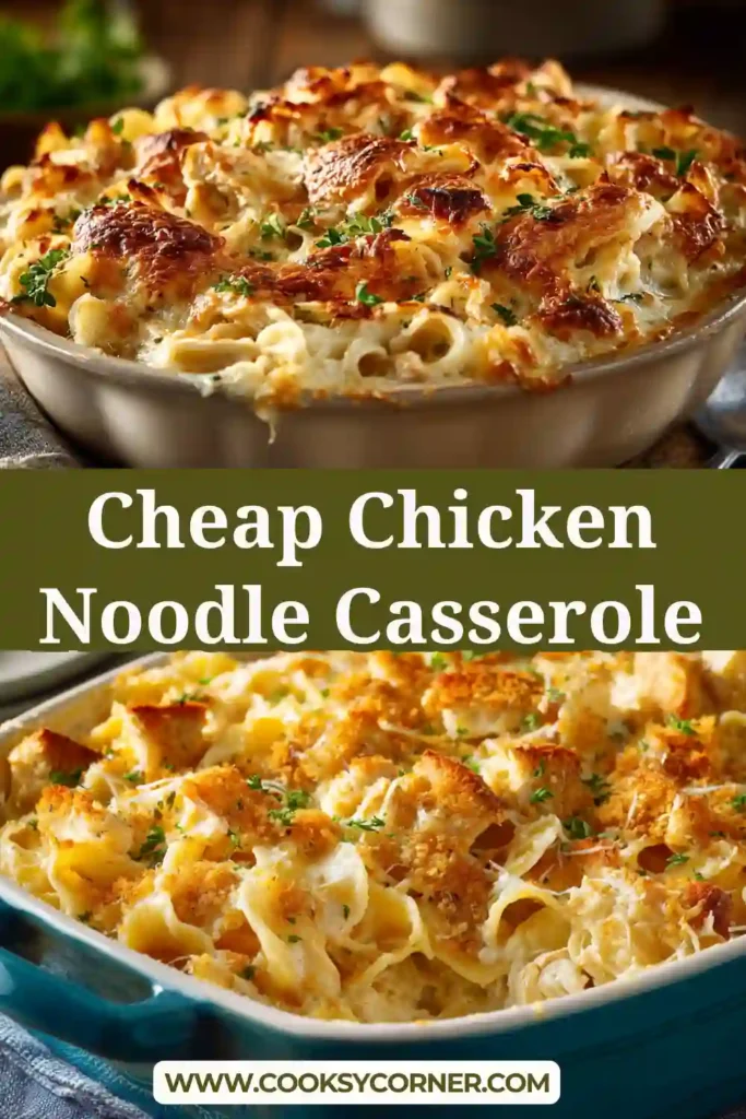 A baked Cheap Chicken Noodle Casserole topped with toasted bread cubes and melted cheese, served hot in a casserole dish.